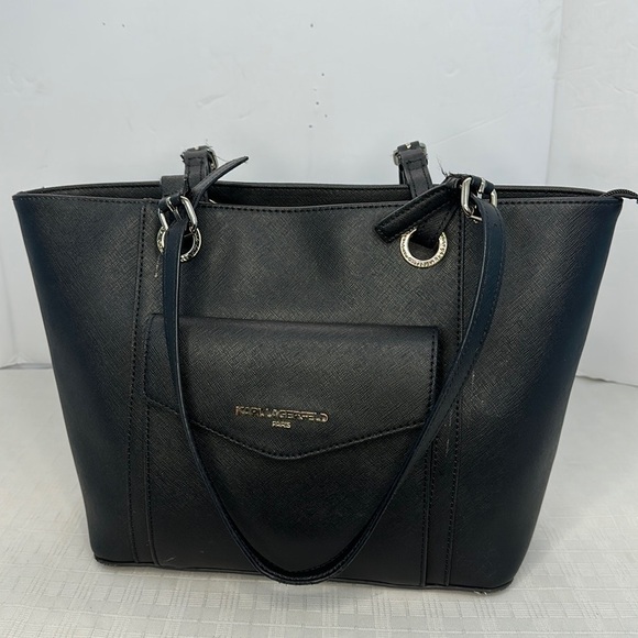 KARL LAGERFELD PARIS Black Tote Bag Saffiano Leather Handbag Pocket Satchel - Picture 1 of 9